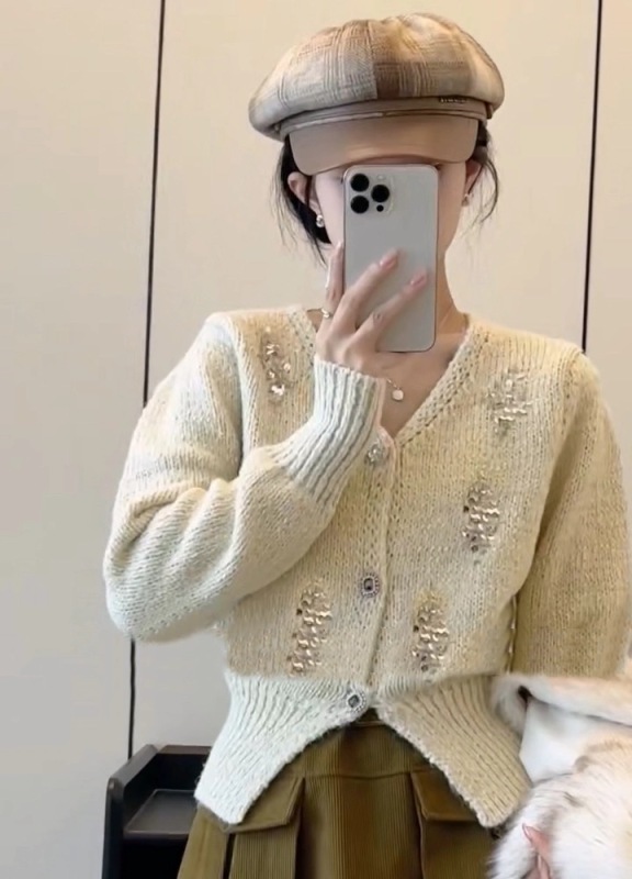 外套毛衣秋冬新款女小個子慵懶風單排扣外搭針織開衫法式V領亮片
