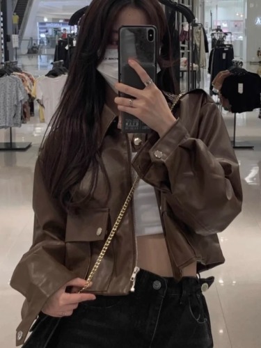 Hong Kong style retro brown leather jacket new style small fashion casual short motorcycle jacket