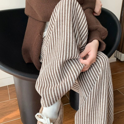 Coffee-colored woolen wide-leg pants for women autumn and winter 2023 new high-waist drape casual tall retro vertical striped pants