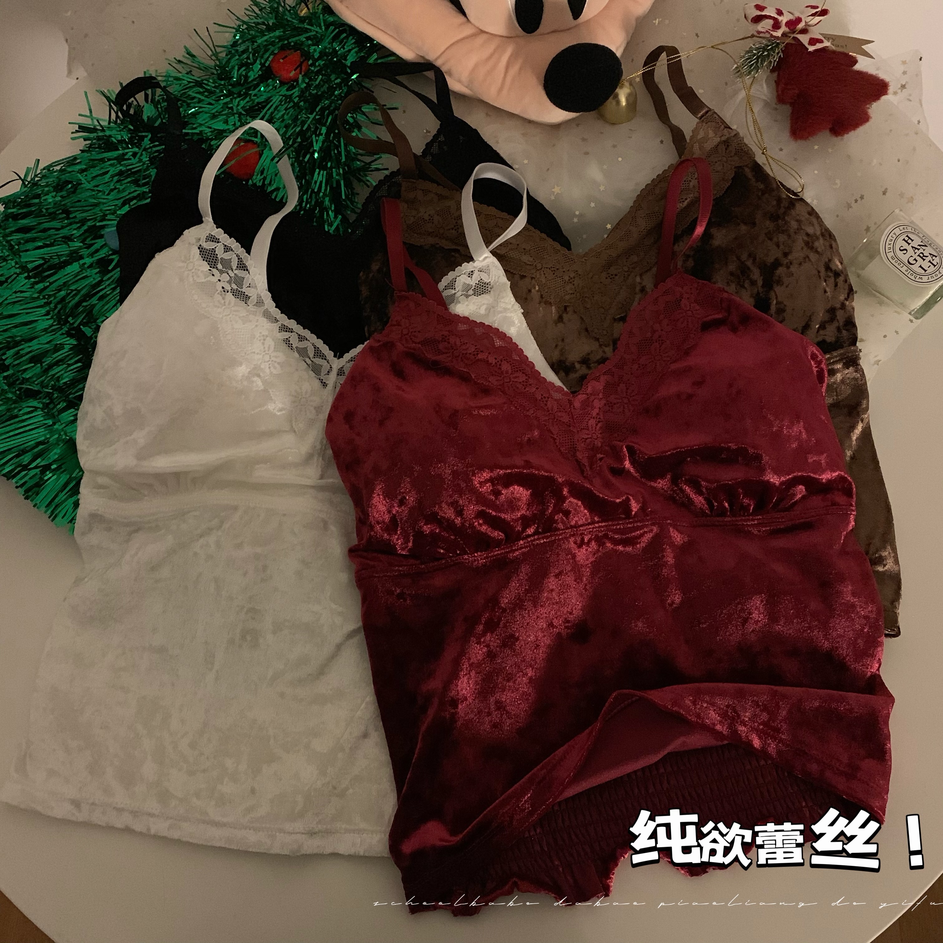 實拍絲絨蕾絲拼接小吊帶背心女內搭冬季純欲性感無袖打底上衣