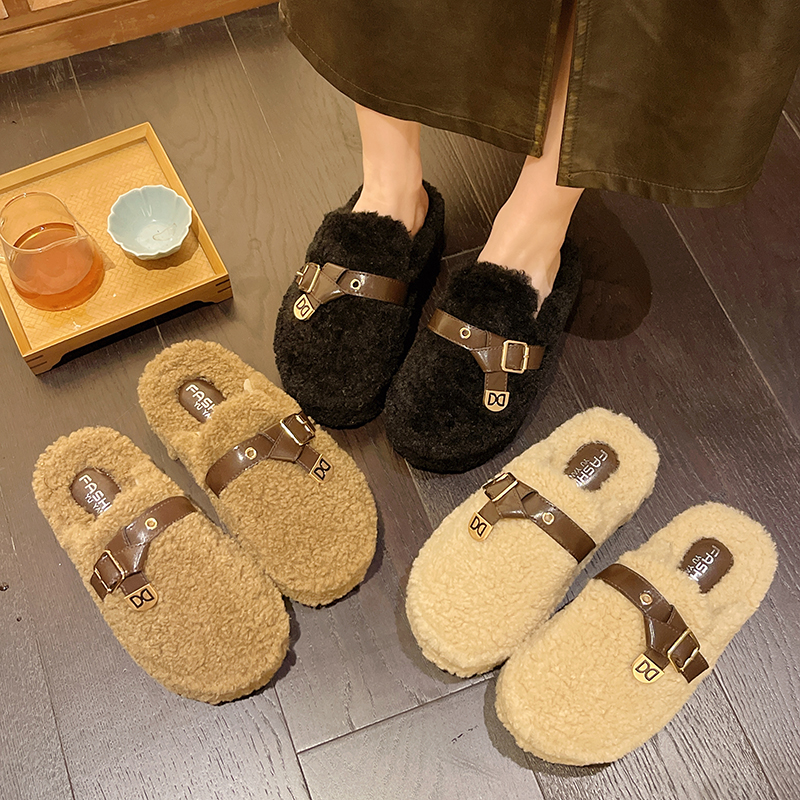 實拍網紅毛毛拖鞋女外穿秋冬季勃肯鞋包頭半拖鞋厚底毛絨棉拖