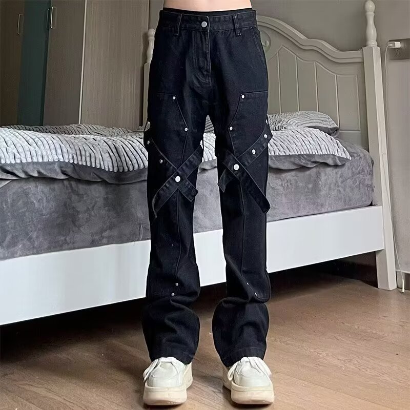 美式復古新款牛仔褲女秋季潮流綁帶設計感微喇褲情侶機能長褲