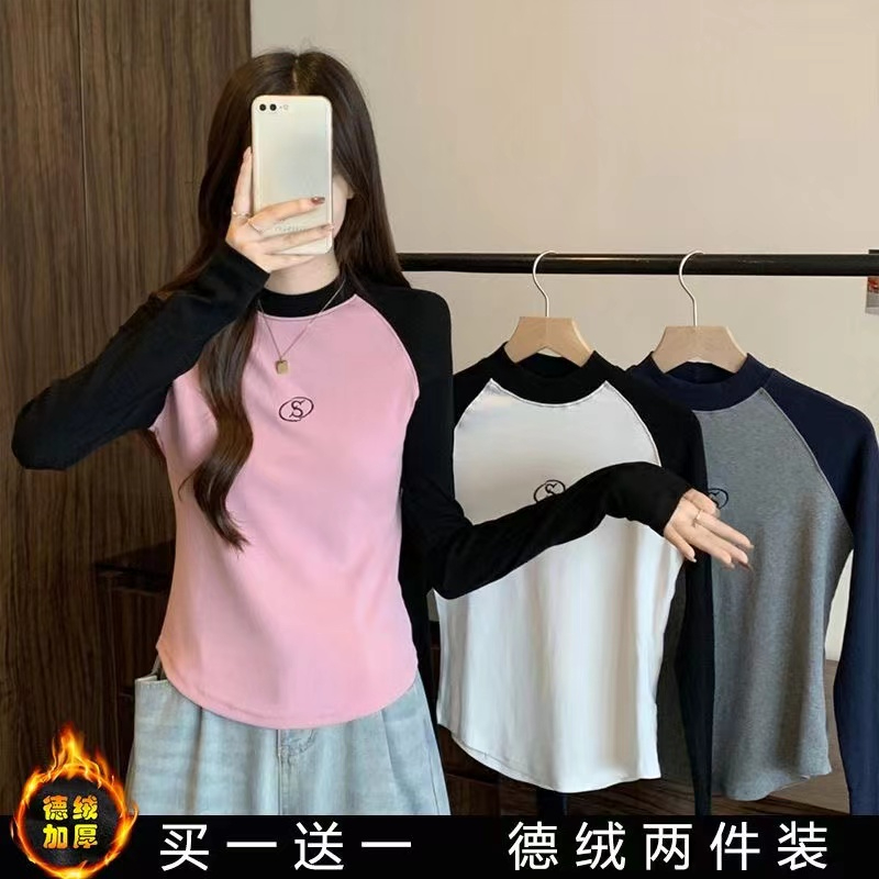 螺紋德絨 長袖T恤女刺繡秋冬季修身內搭打底衫上衣保暖加絨