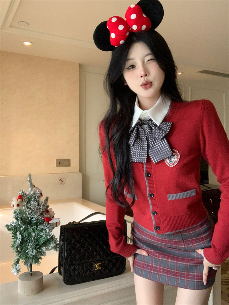 實拍 韓國女高 秋冬紅色開衫制服套裝女學院風半身裙三件套