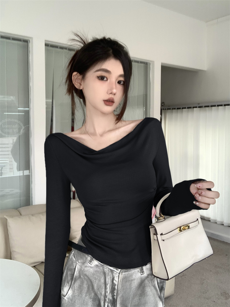 Real shot of sloping shoulder, irregular one-shoulder top, women's long-sleeved, high-end, slim, niche, pure desire base T-shirt
