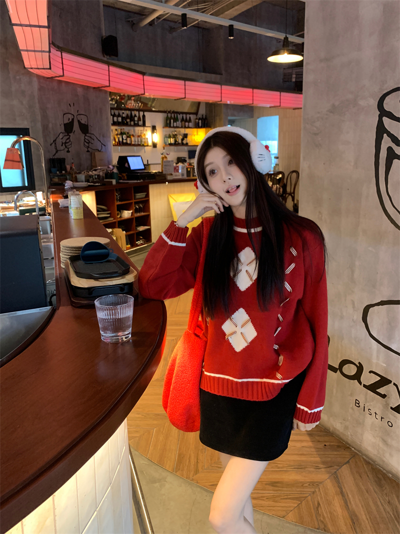 實拍 冬季新款復古聖誕款感寬百搭圓領套頭保暖撞色長袖毛衣
