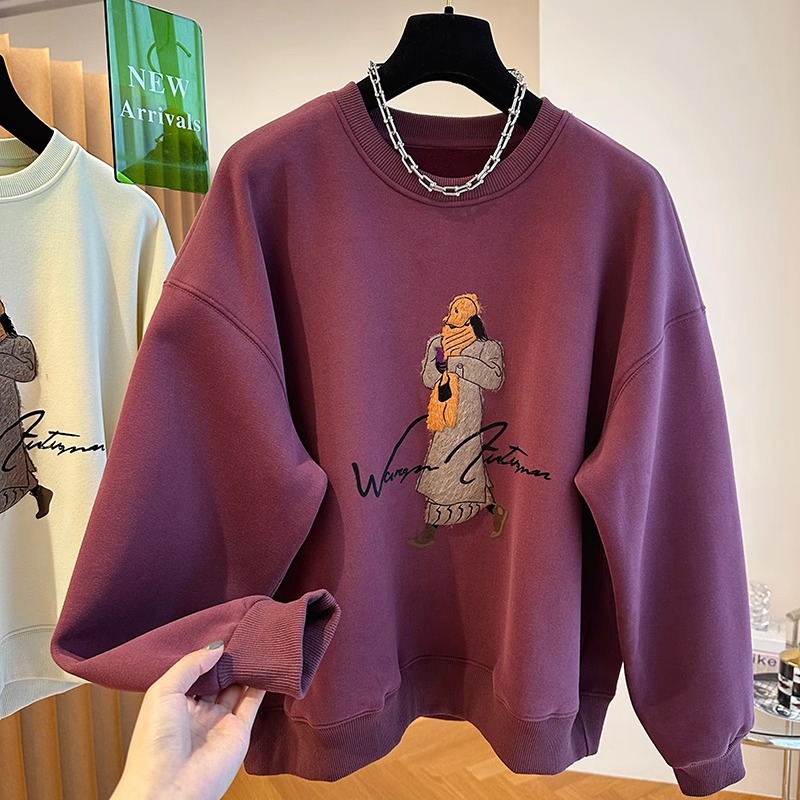 2023 autumn and winter design niche new Korean style loose casual flocking printed plus velvet sweatshirt women's round neck top