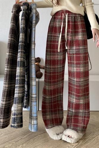 Real shot red plaid pants autumn and winter new high waist drape casual floor mopping retro plus velvet wide leg pants