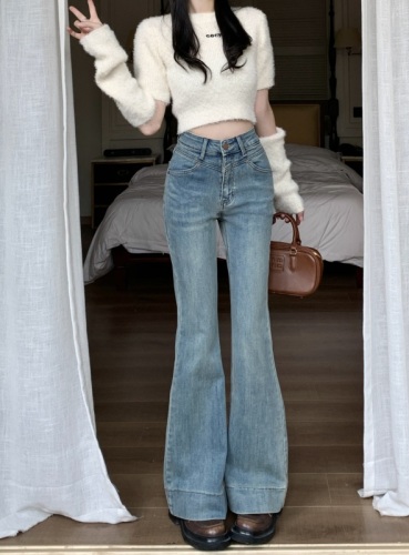Real shot ~ Retro washed light blue jeans for women spring new high waist floor-length flared pants