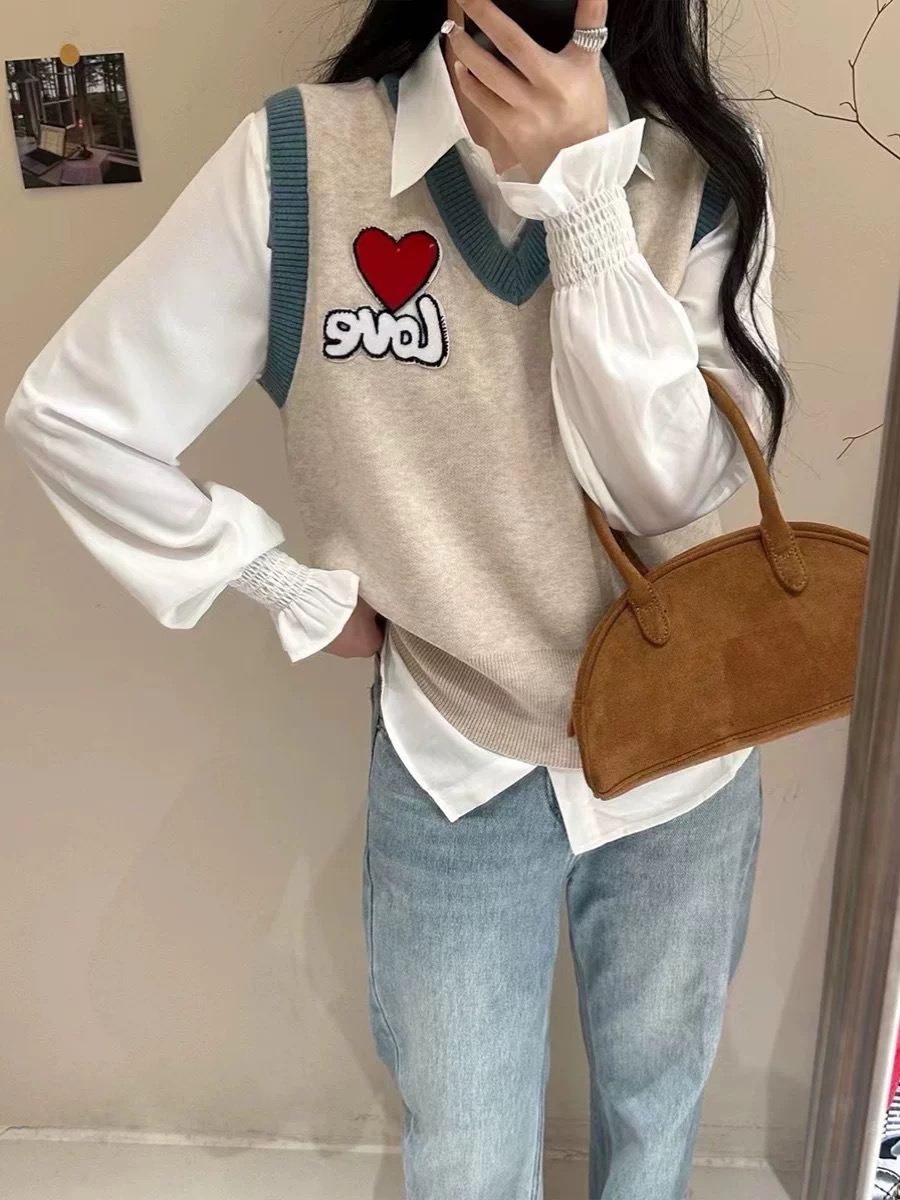 歐貨愛心字母刺繡V領羊毛馬甲女+2023冬季新款純色襯衫兩件套女潮