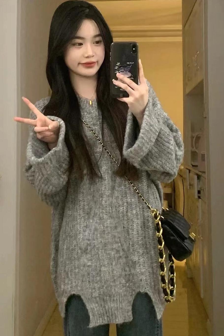 慵懶風寬鬆秋冬韓版開叉加厚毛衣女設計感純色長袖中長款針織衫