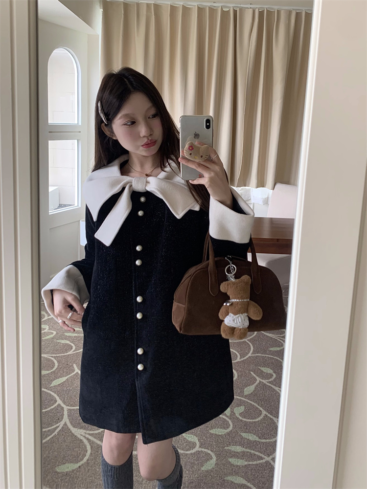 實拍！法式蝴蝶結小香風毛呢夾棉外套女氣質赫本風高級感小黑裙