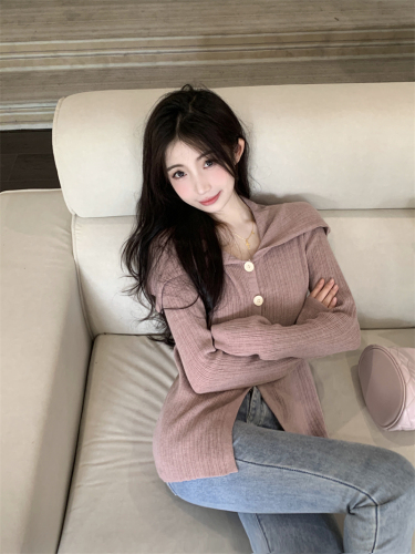 Actual shot ~ Western-style navy collar early autumn thick long-sleeved cardigan sweater for women