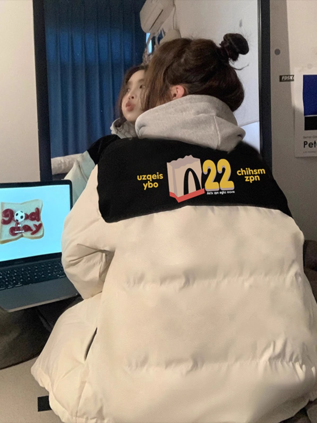 高品質手塞棉加厚冬季新款寬鬆雙拼色印花棉衣棉服麵包服女