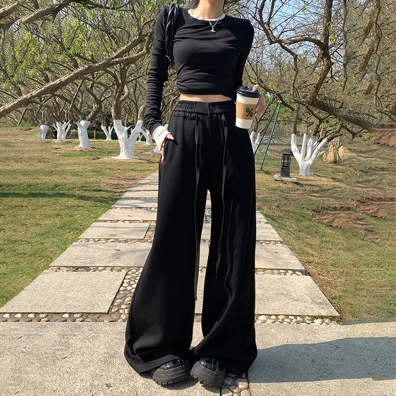 實拍美式復古高腰寬鬆闊腿褲慵懶百搭垂感拖地褲休閒褲女長褲加長