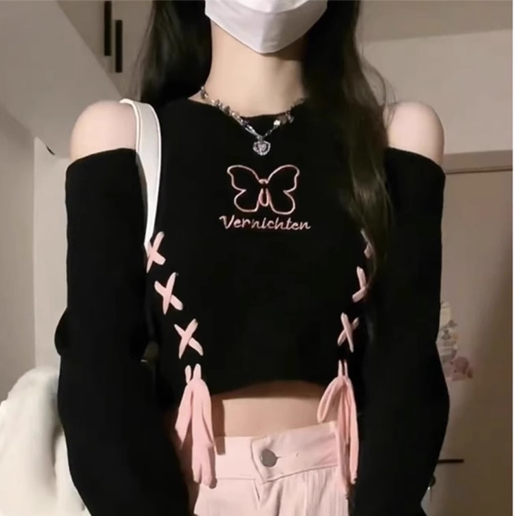 針織甜辣妹風刺繡露肩T恤女秋季設計感修身顯瘦獨特短款上衣長袖