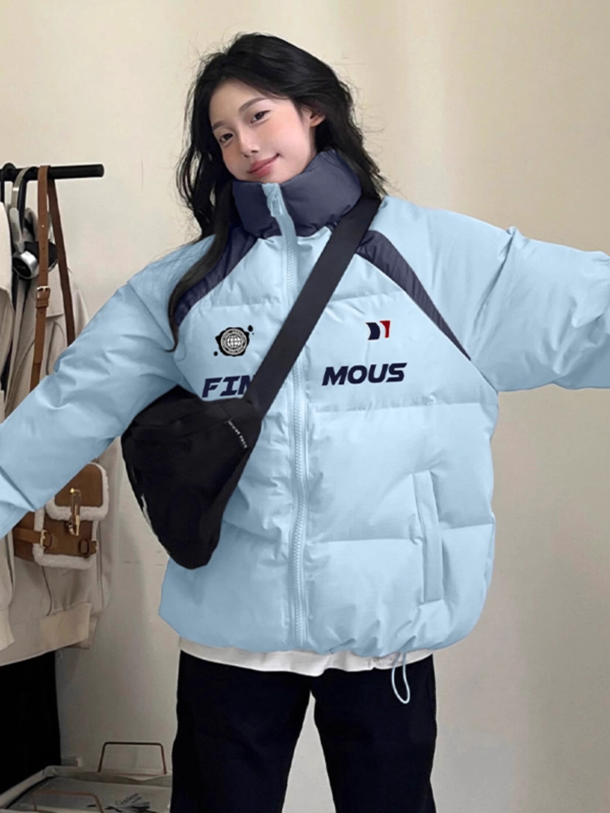 高品質小牛津面料手塞棉加厚冬季新款寬鬆印花棉衣棉服麵包服女