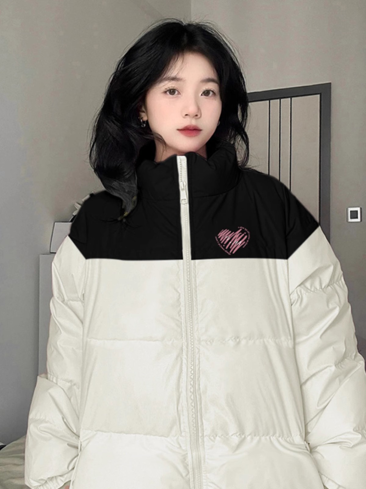 高品質手塞棉加厚冬季新款寬鬆雙拼色印花棉衣棉服麵包服女
