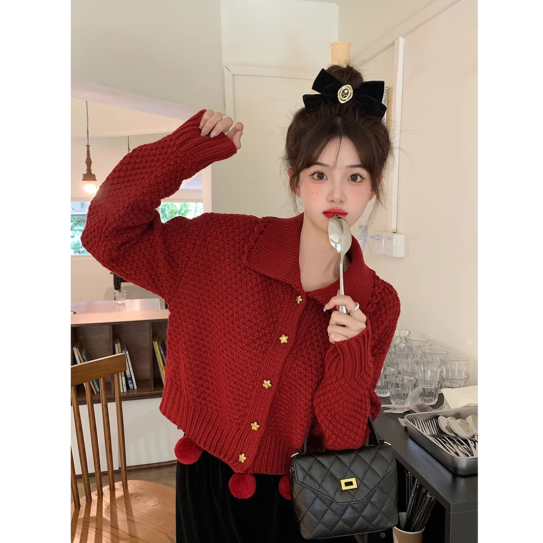 ~甜辣紅色復古球球加厚毛衣外套女冬季聖誕節短款上衣外穿