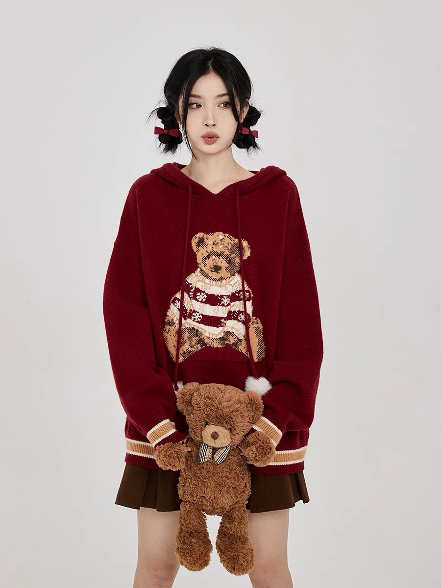 吵吵家 連帽毛衣女春秋冬美式寬鬆慵懶風小熊設計感套頭外套上衣