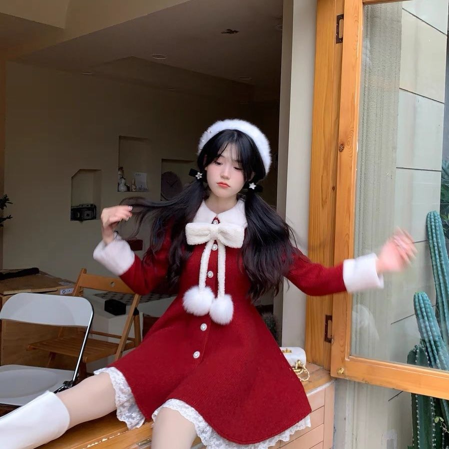 龍鳳呢+原版做法高級氛圍感紅色連衣裙子秋冬聖誕女裝過年新年