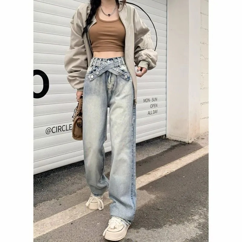 港味秋季新款淺色綁帶交叉百搭直筒洗水牛仔褲女遮肉顯瘦百搭長褲