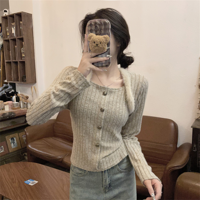 實拍方領長袖針織打底衫女冬短款高腰修身內搭毛衣上衣
