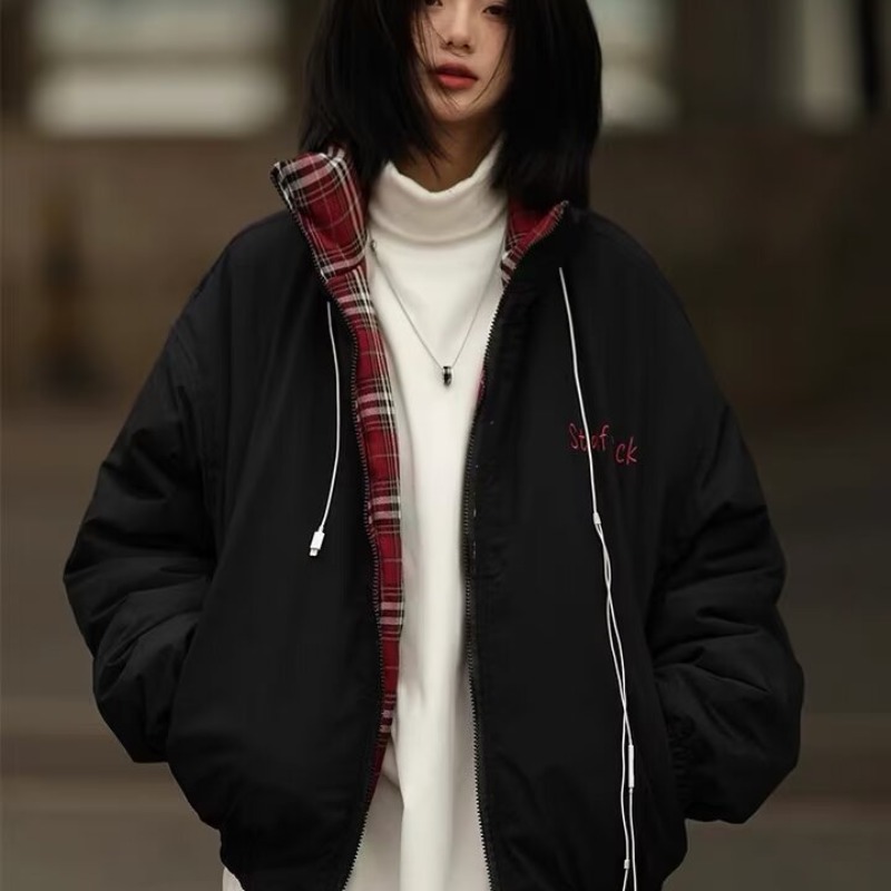 American retro double-sided plaid cotton coat for men and women 2023 new winter loose trendy bread coat cotton coat