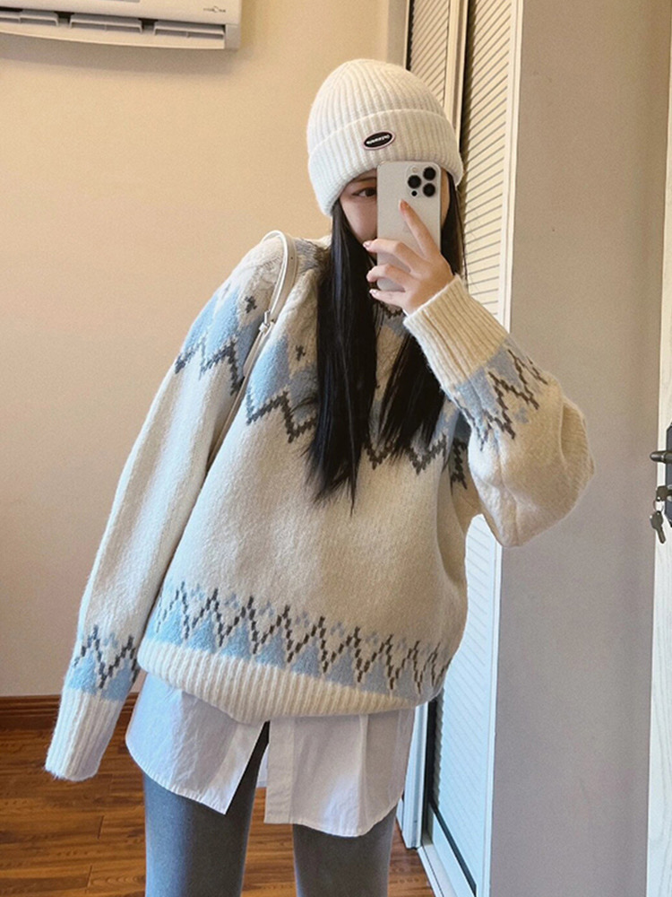 設計感復古撞色圓領針織毛衣女秋冬慵懶風獨特别致寬鬆甜美上衣潮