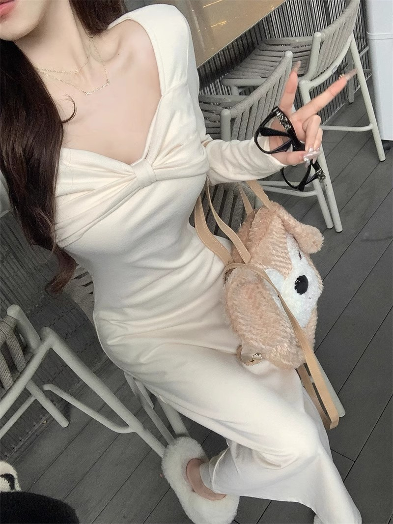 性感蝴蝶結v領長袖連衣裙女裝秋冬2023新款氣質修身顯瘦中長裙子
