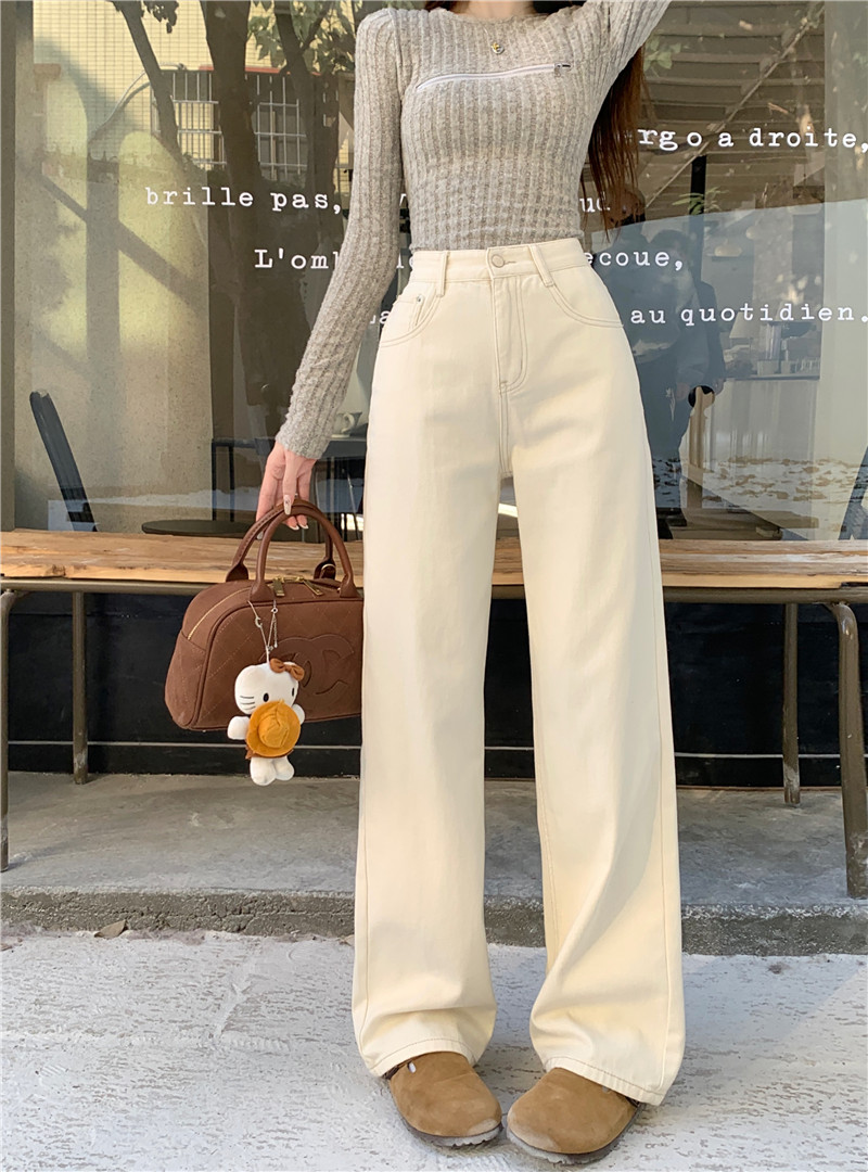 5157#Real shot ~ White high-waisted jeans with velvet hand-drawn leg filter and fleece straight pants