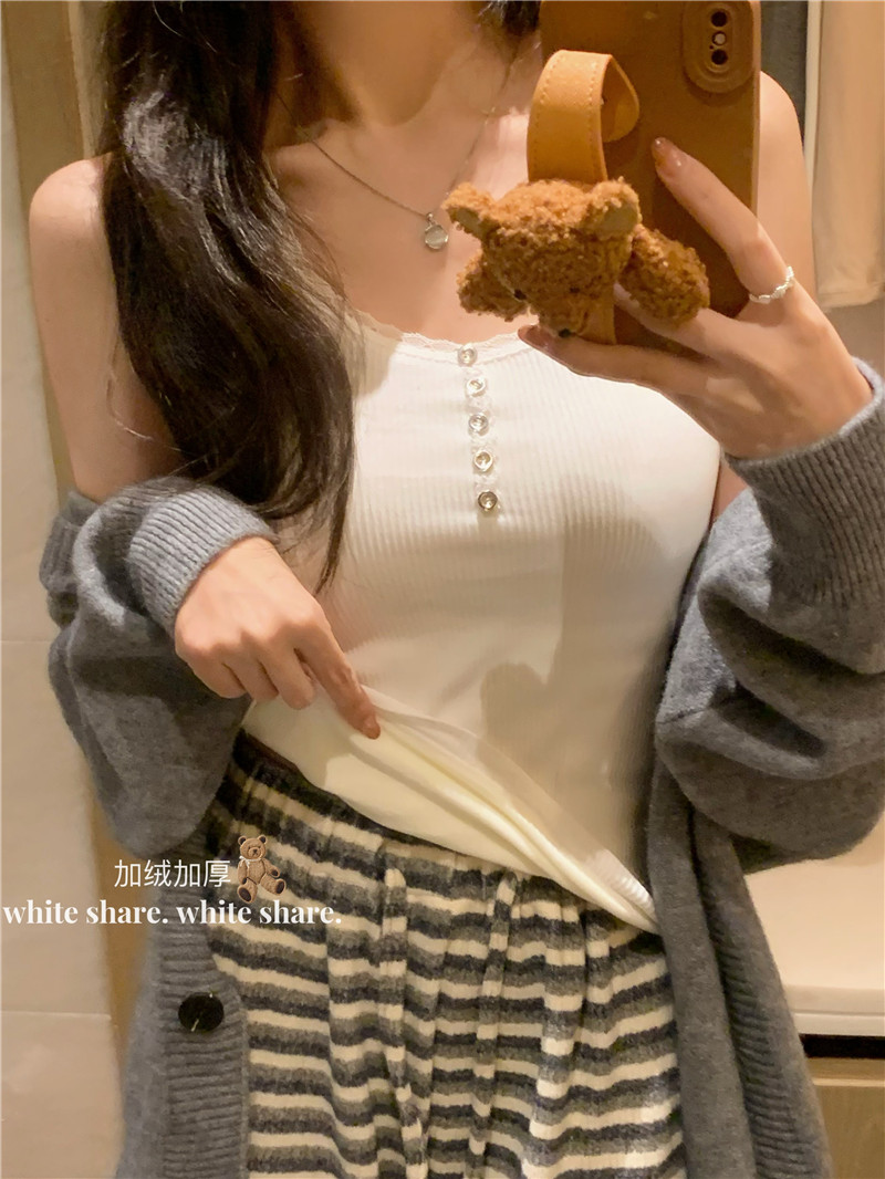 實拍~加絨加厚保暖吊帶背心冬款蕾絲花邊上衣內搭打底衫