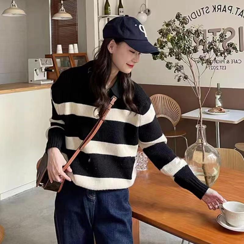 條紋毛衣女秋冬新款2023韓版法式翻領百搭顯瘦外穿套頭針織衫上衣