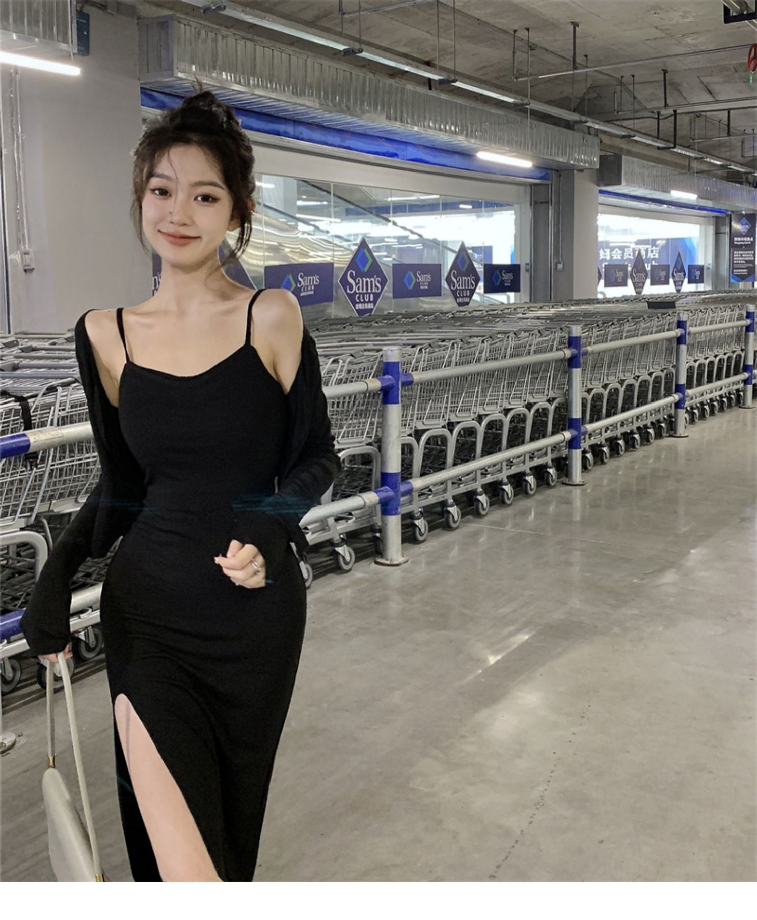 法式休閒時尚性感露鎖骨開叉收腰顯瘦中長款包臀打底吊帶連衣裙女