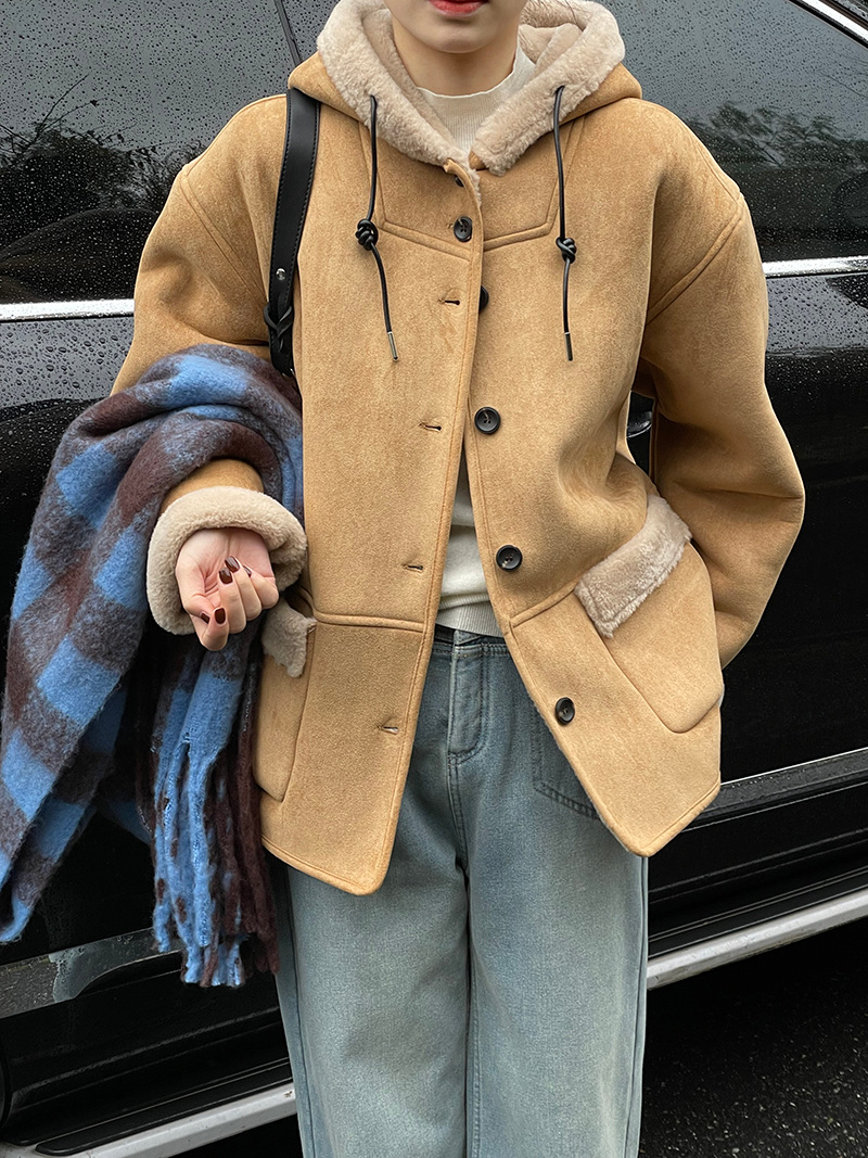 Actual shot ~ Korean Maillard hooded fur all-in-one jacket for women, thickened and warm, mid-length suede