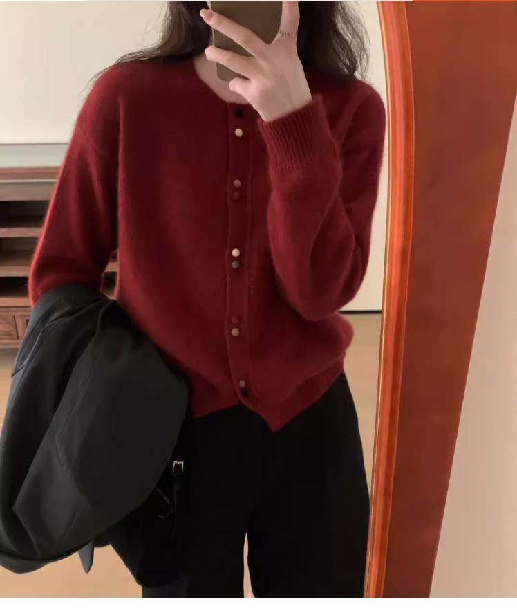 ~Korea 2023 autumn and winter women's colorful velvet small round button honey bear velvet knitted cardigan soft waxy sweater jacket