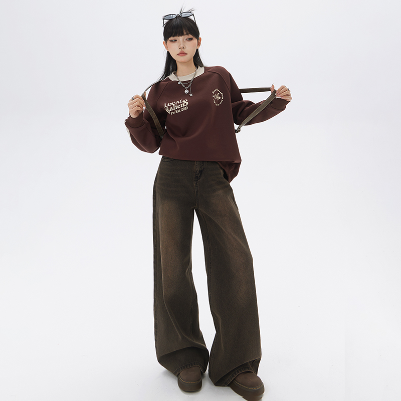 實拍美式復古美拉德寬鬆闊腿褲垂感拖地直筒褲牛仔褲女潮長褲加長