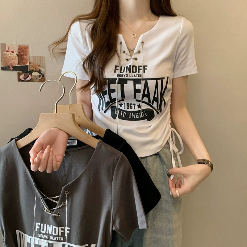 美式復古印花V領短袖T恤女新款夏季MM抽繩短款辣妹上衣