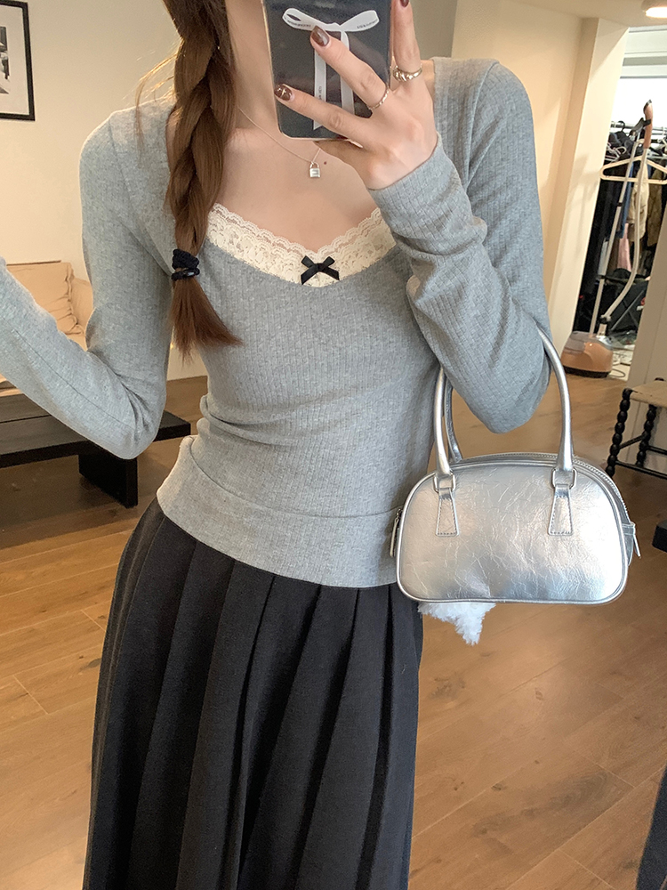 烏77bm少女拼接蕾絲灰色提花肌理針織衫女秋冬V領內搭外穿長袖T恤