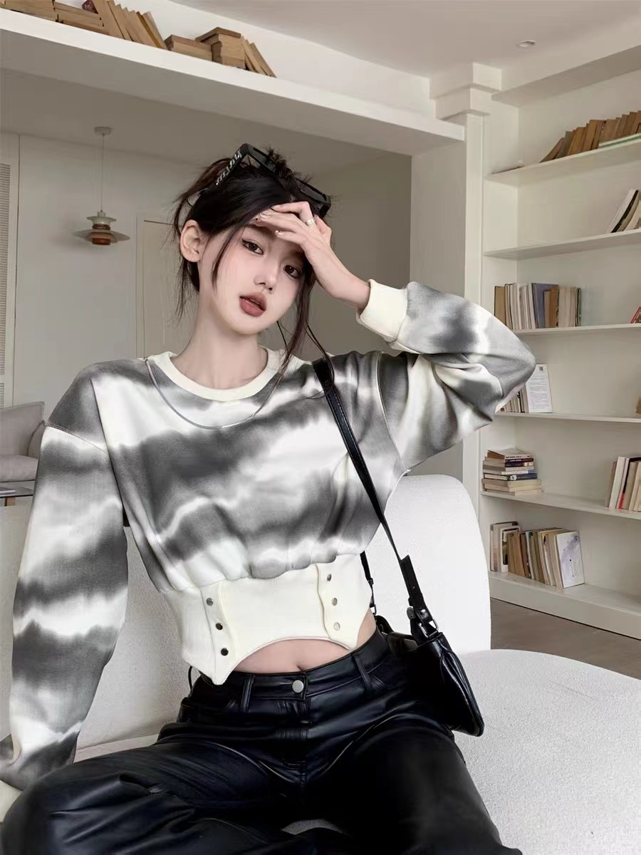 美式復古扎染無帽衛衣女秋冬顯瘦設計感不規則短款ins