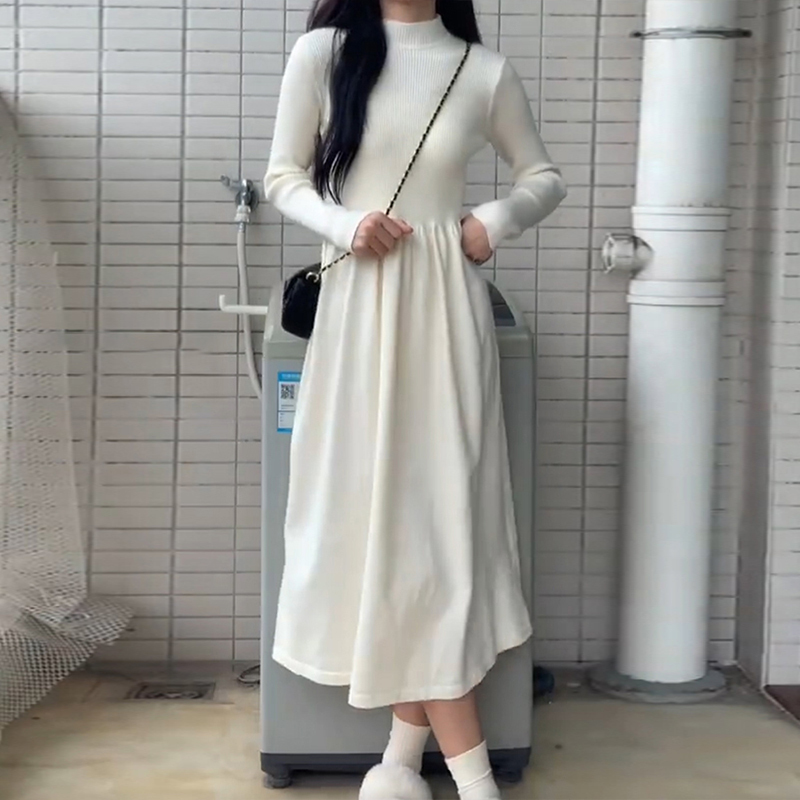 小個子配大衣內搭白色針織毛衣連衣裙子女2023秋冬季新款打底長裙