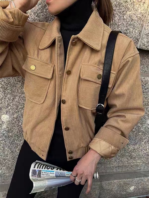 2024 new style retro corduroy short lapel jacket for women