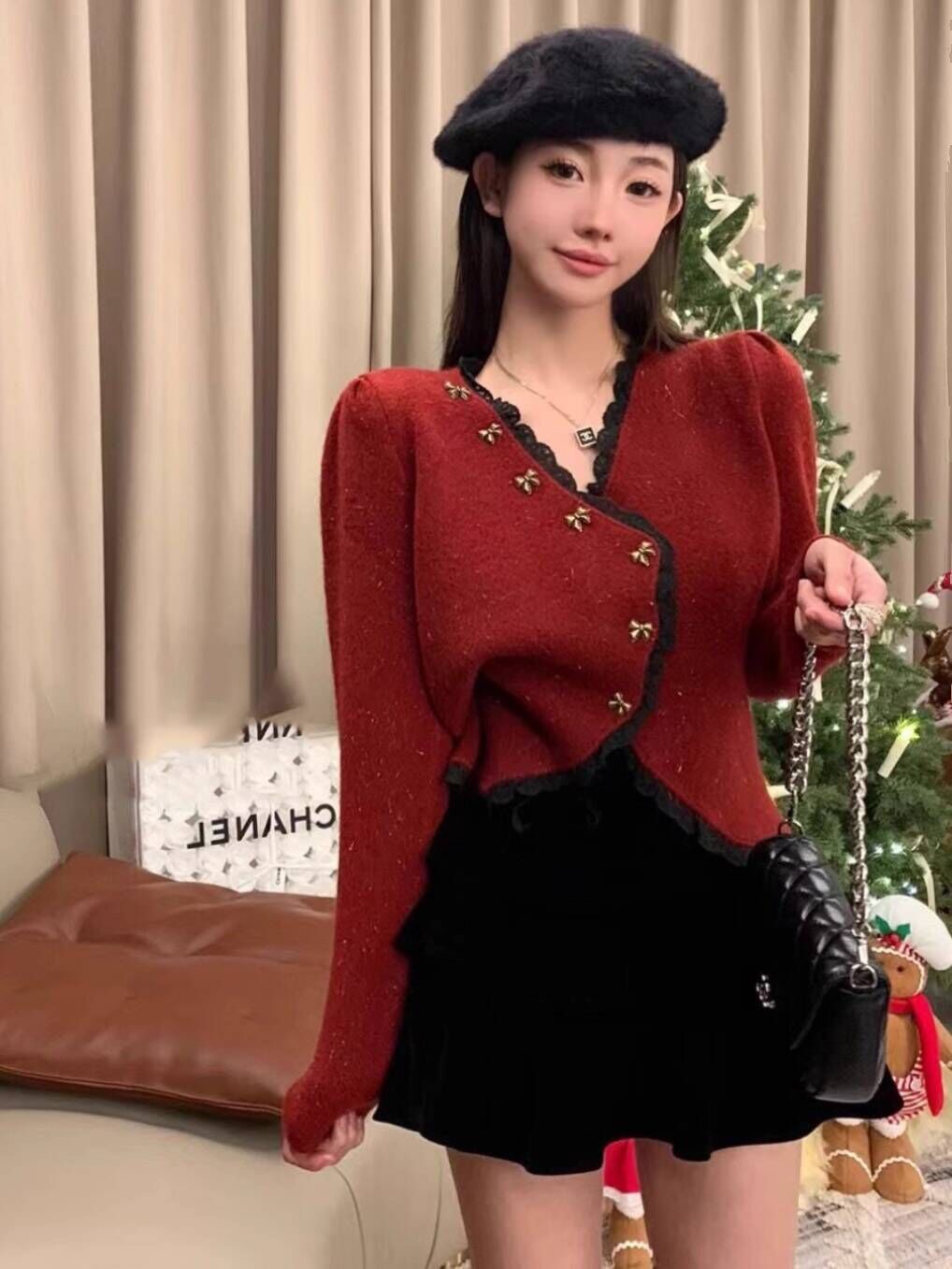 French irregular red knitted cardigan autumn and winter new women's lace edge lazy bright silk outer sweater