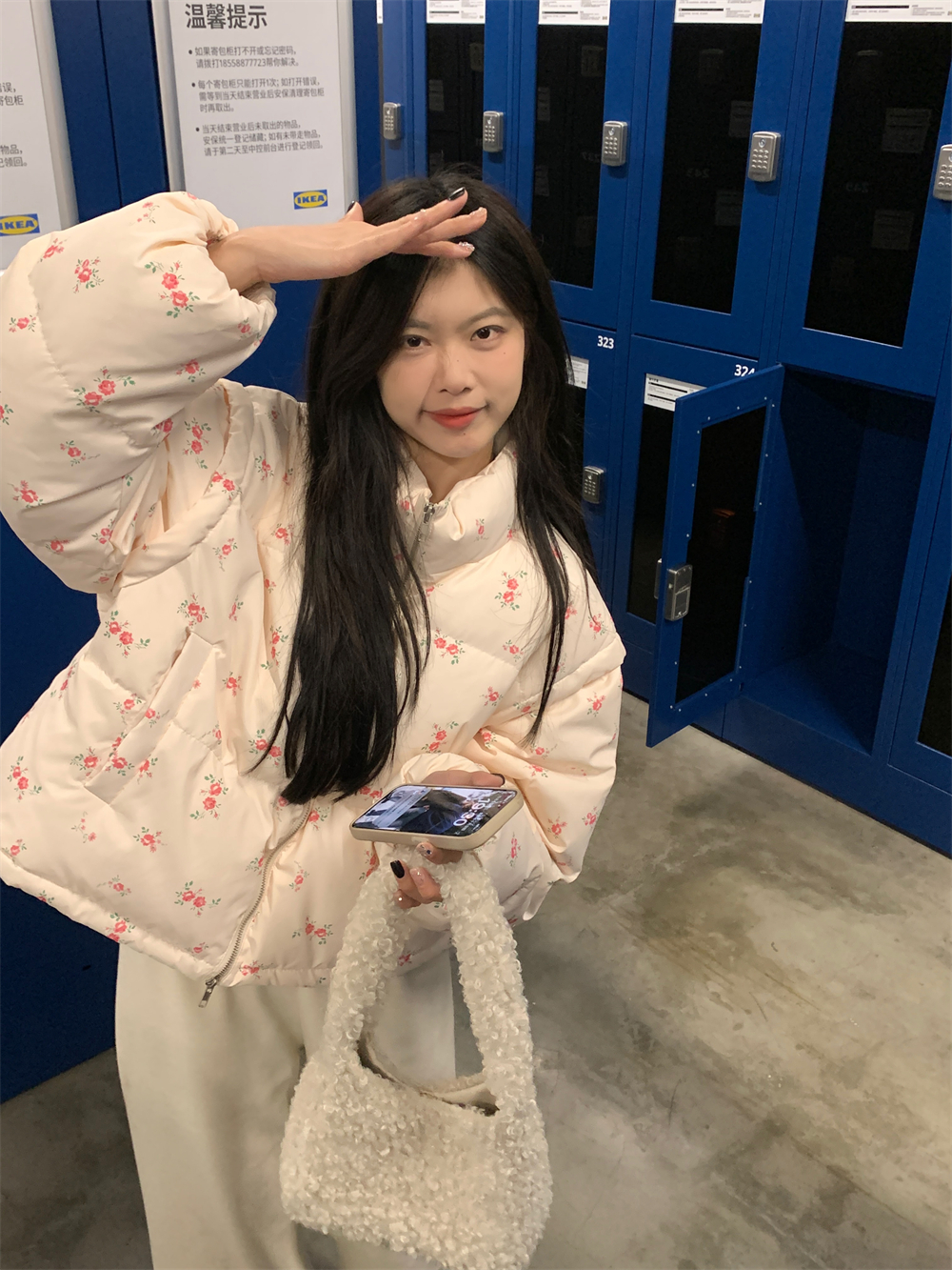 實拍冬季韓系田園小碎花短款麵包服減齡立領棉服外套女