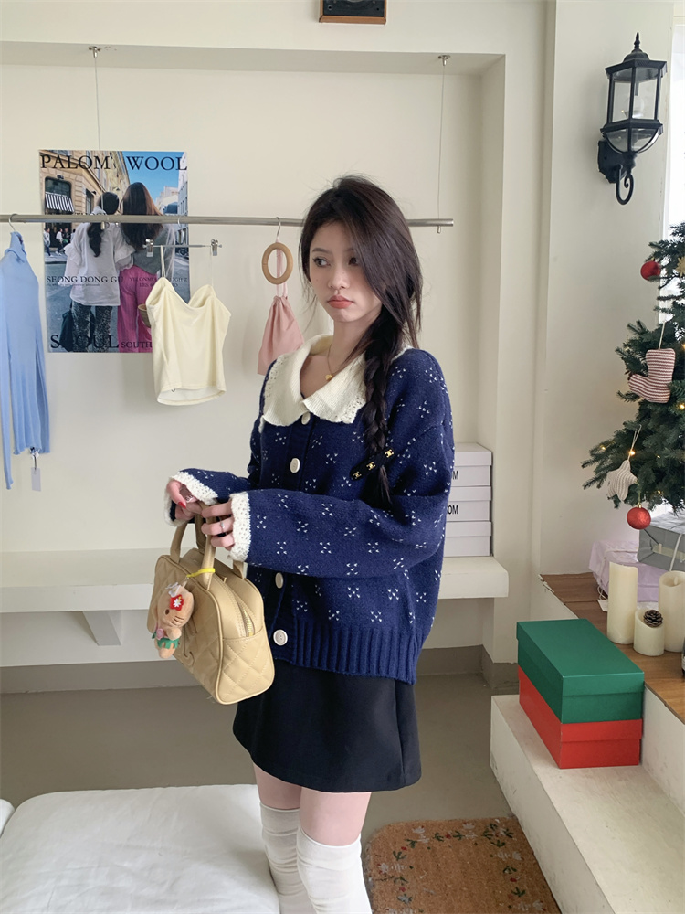 實拍！撞色鈎花娃娃翻領毛衣女寬鬆顯瘦針織開衫外套