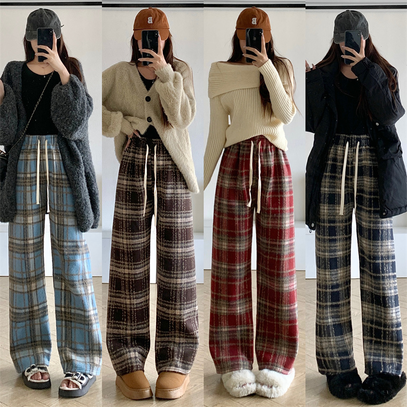 實拍 復古加絨加厚保暖格子褲秋冬棉褲高腰垂感直筒褲休閒褲