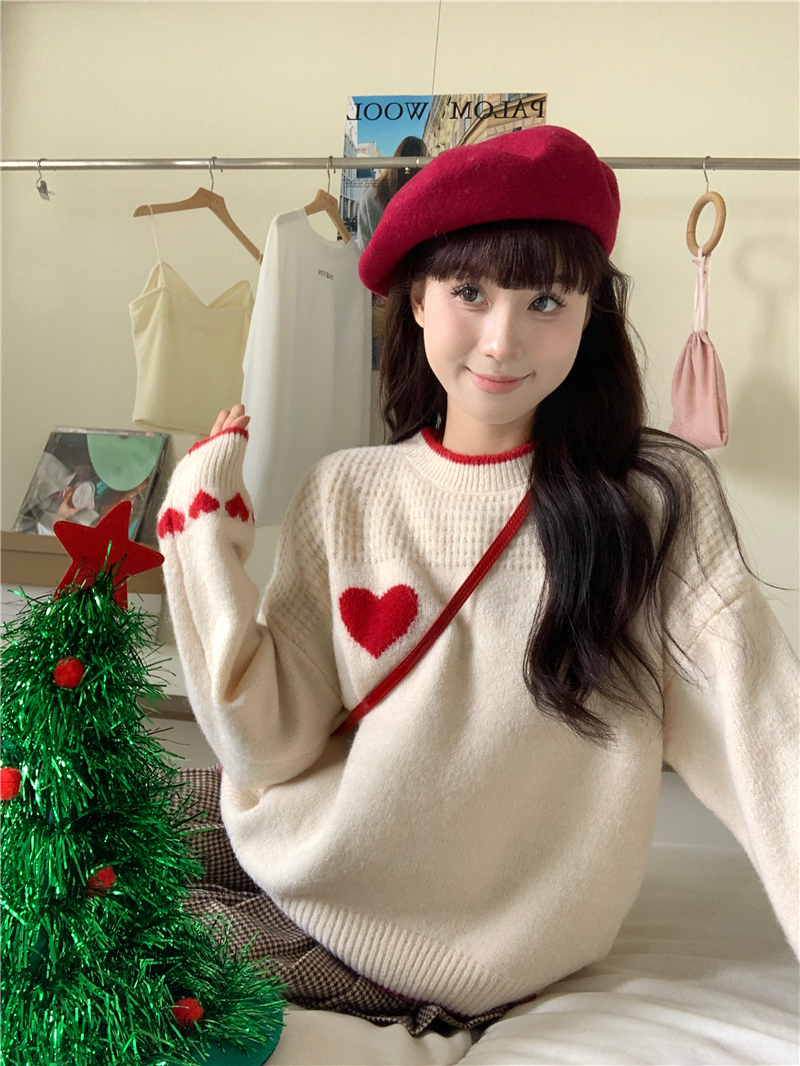 Actual shot of the new Korean style love color-blocked printed festive atmosphere knitted thickened sweater