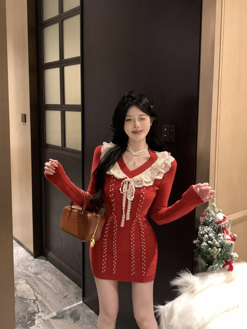 實拍~日暮晚香釘珍珠連衣裙大衣內搭針織毛衣裙公主聖誕生日