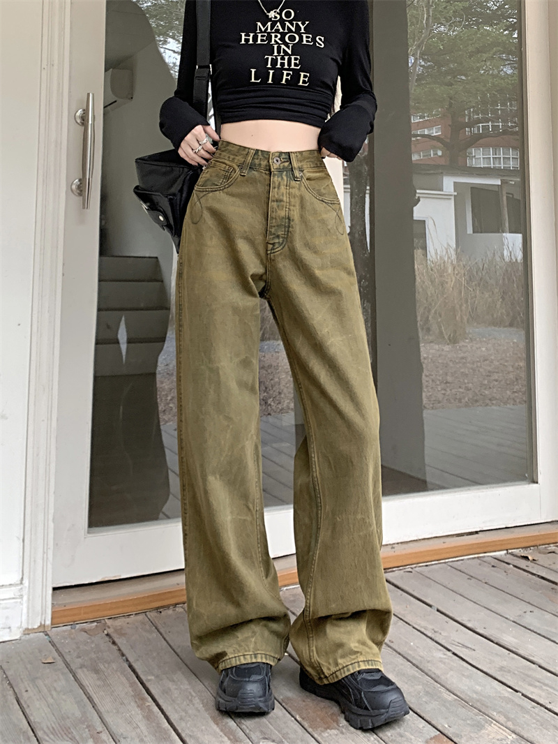 Actual shot of design niche new American retro loose denim overalls for women in autumn and winter Maillard straight pants