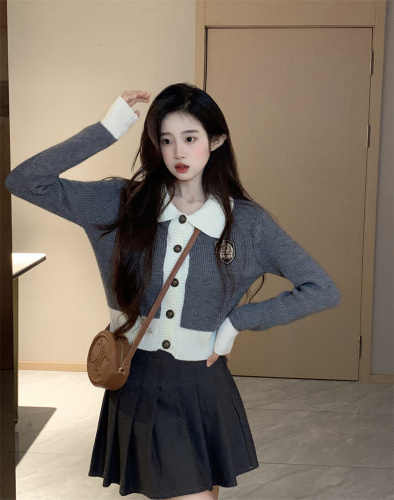 Real shot American college style short knitted sweater for women + skirt 2023 new two-piece set